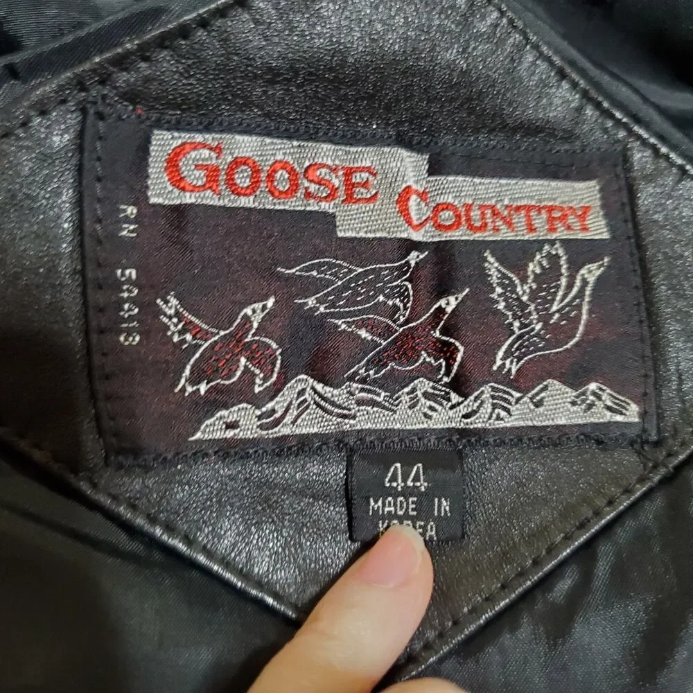 Goose Country Bomber Vest Size 44 Full Zip Down Feathers Leather Black Mens